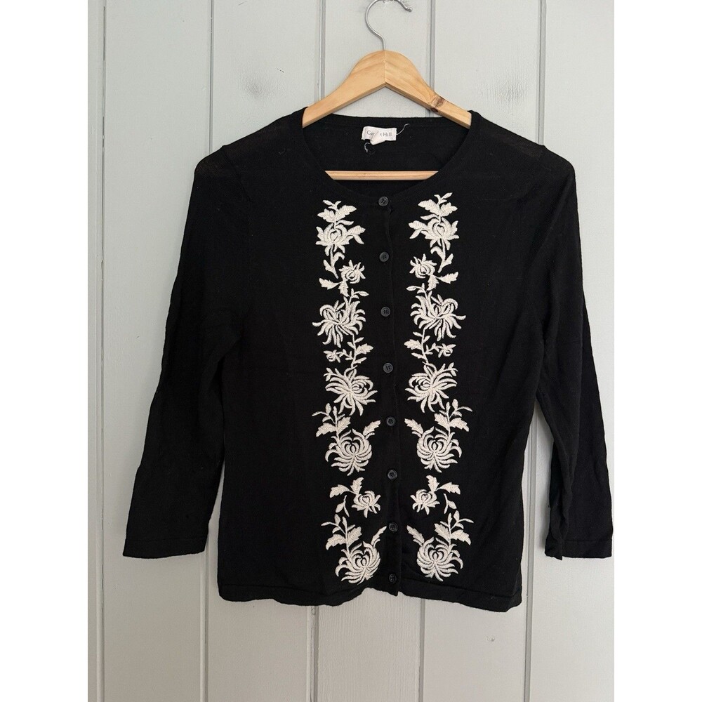 Garnet Hill Cardigan Sweater Small Signature Eco Merino Wool Floral Black White
